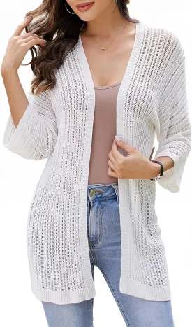 2025 Summer Women's Lightweight 3/4 Sleeve Crochet Cardigan Sweater Open Front Boho Beach Vacation Swimwear Outwear