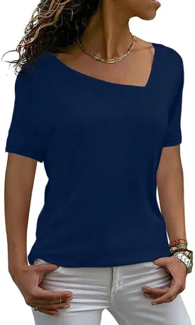 AYIFU Womens Summer Tops Short Sleeve Casual Shirts Asymmetric Neck Color Block Tunic
