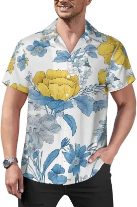 Blue Flower Floral Pattern Roses Print Print Cuban Collar Shirt Classic Design for Comfort and Style