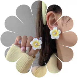 Boho Plumeria Flower Earrings Pearl Acrylic Flower Stud Earrings Yellow White Plumeria Earrings Hawaiian Tropical Flower Earrings Vacation Earrings Jewelry for Women