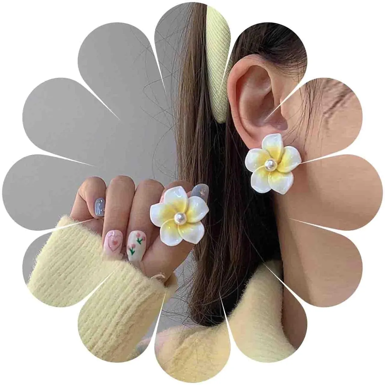 Boho Plumeria Flower Earrings Pearl Acrylic Flower Stud Earrings Yellow White Plumeria Earrings Hawaiian Tropical Flower Earrings Vacation Earrings Jewelry for Women