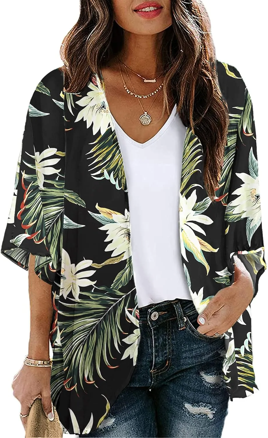 Chunoy Women Loose Floral Print Sheer Summer Cardigan Open Front Beach Wear Kimono Cover Up Blouse Top X-Large