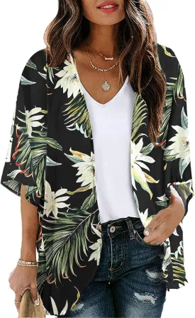Chunoy Women Loose Floral Print Sheer Summer Cardigan Open Front Beach Wear Kimono Cover Up Blouse Top X-Large