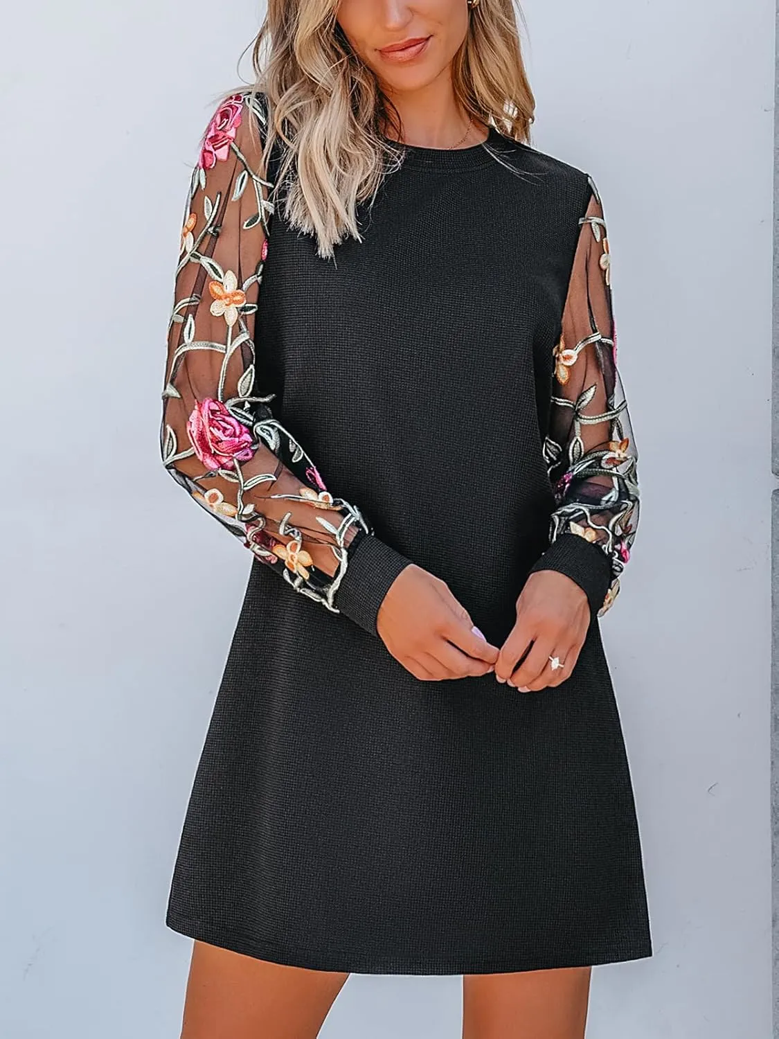 CUPSHE Mini Dresses for Women Round Neck Sheer Long Sleeve Floral Knit A Line Fall Casual Dress