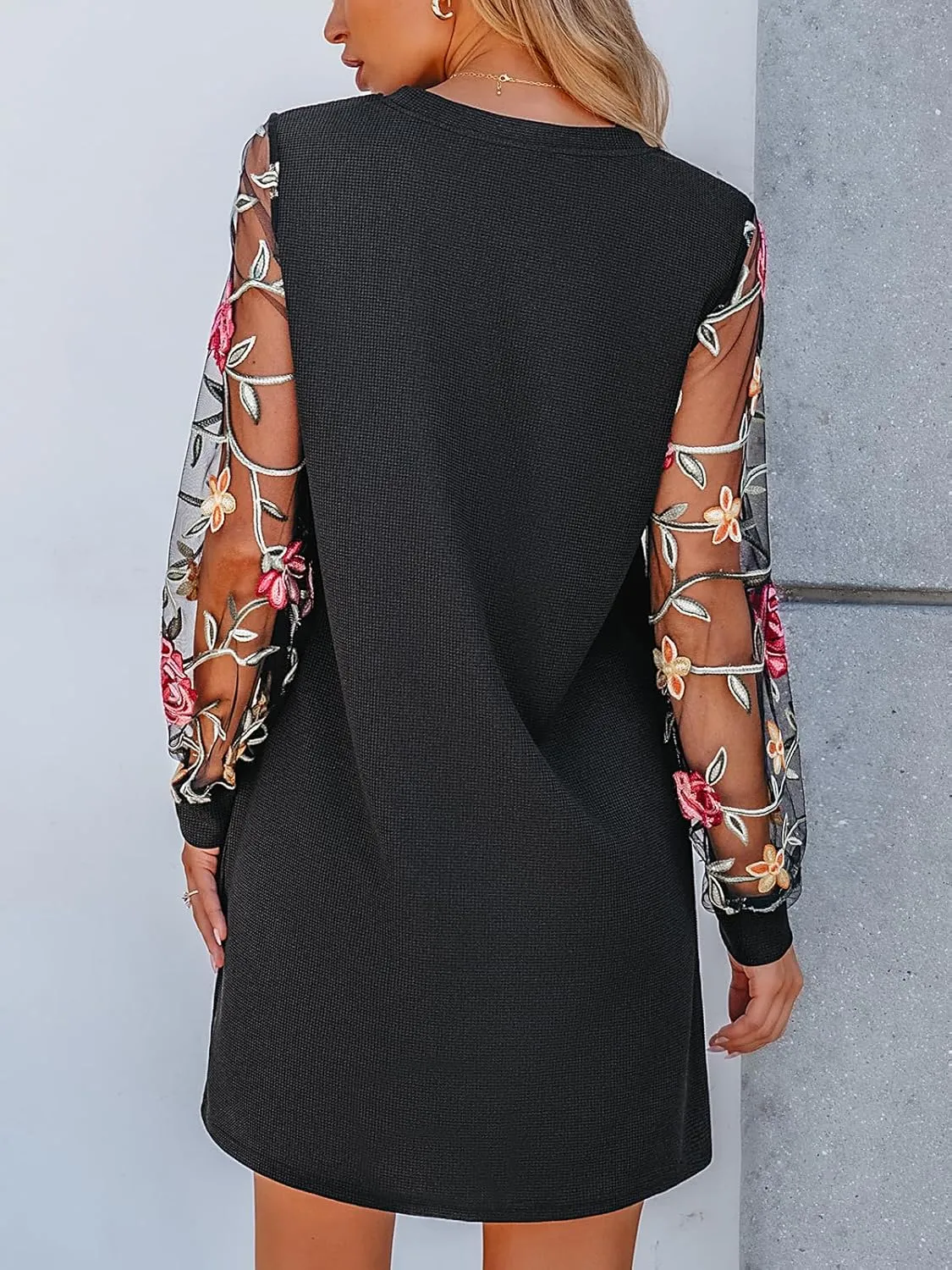 CUPSHE Mini Dresses for Women Round Neck Sheer Long Sleeve Floral Knit A Line Fall Casual Dress