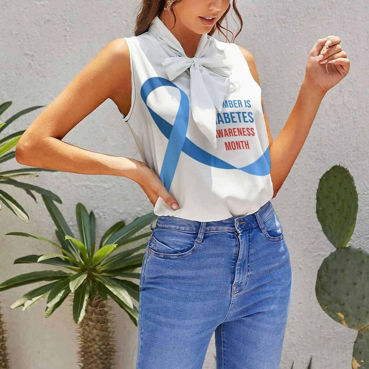 Diabetes Awareness Month Blue Ribbon Women's Shirt Bow Tie Knot Mock Neck Sleeveless Tank Top