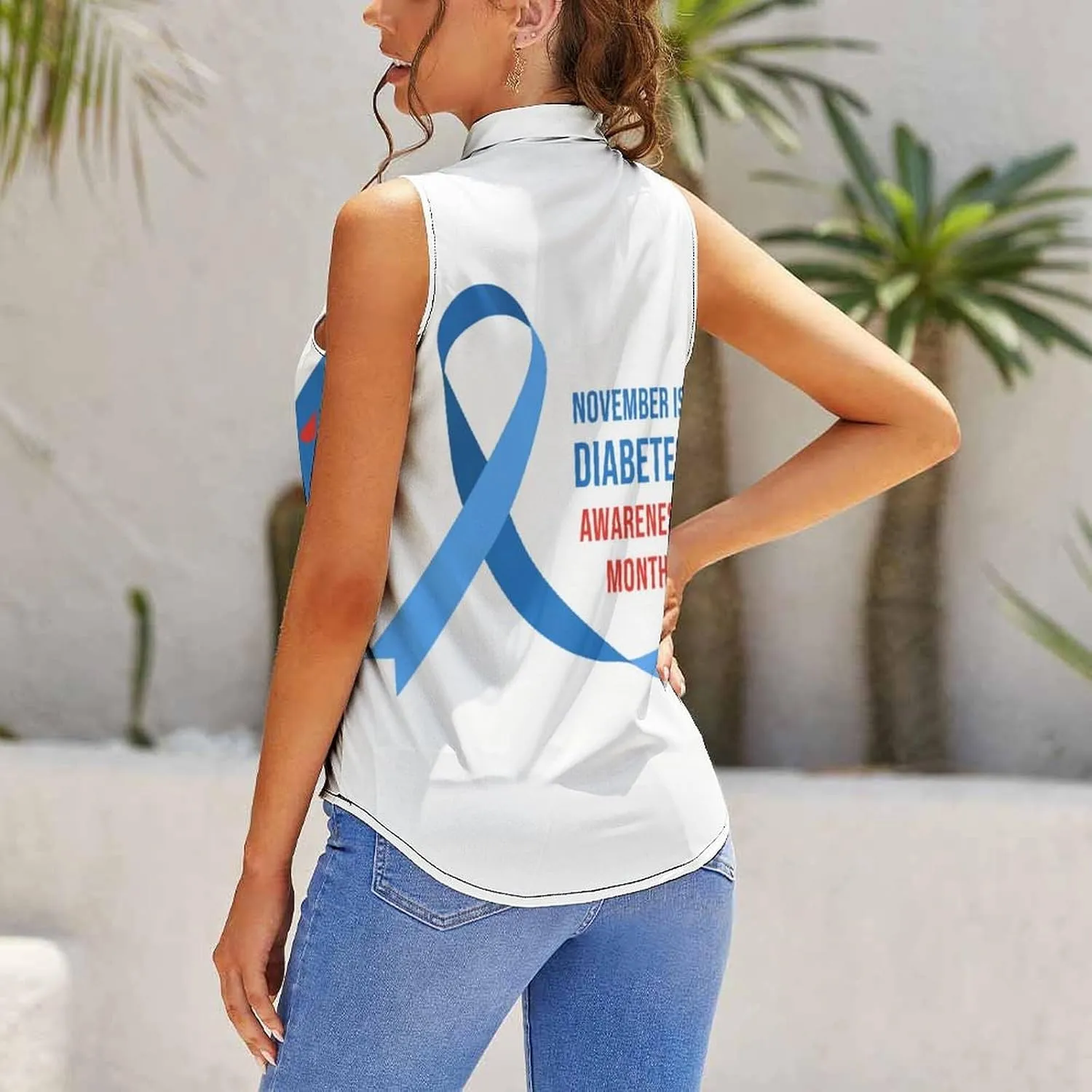 Diabetes Awareness Month Blue Ribbon Women's Shirt Bow Tie Knot Mock Neck Sleeveless Tank Top