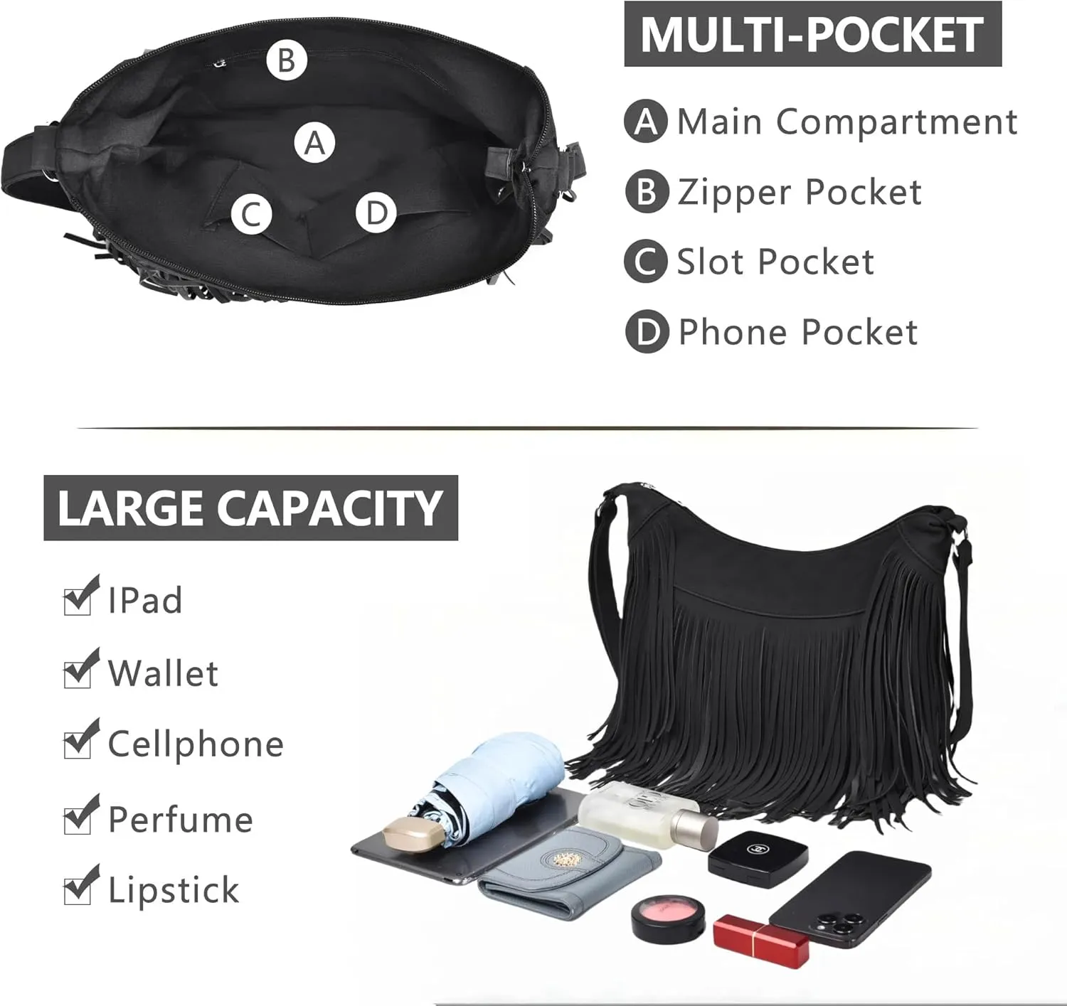 Fringe Hobo Bags for Women Vintage Suede Crossbody Bag Hippie Western Cowgirl Purses Tassel Shoulder Bag