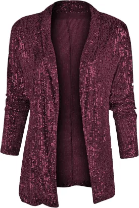 GRASWE Women's Sequin Shiny Blazers Open Front Blazer Long Sleeve Lapel Blazer