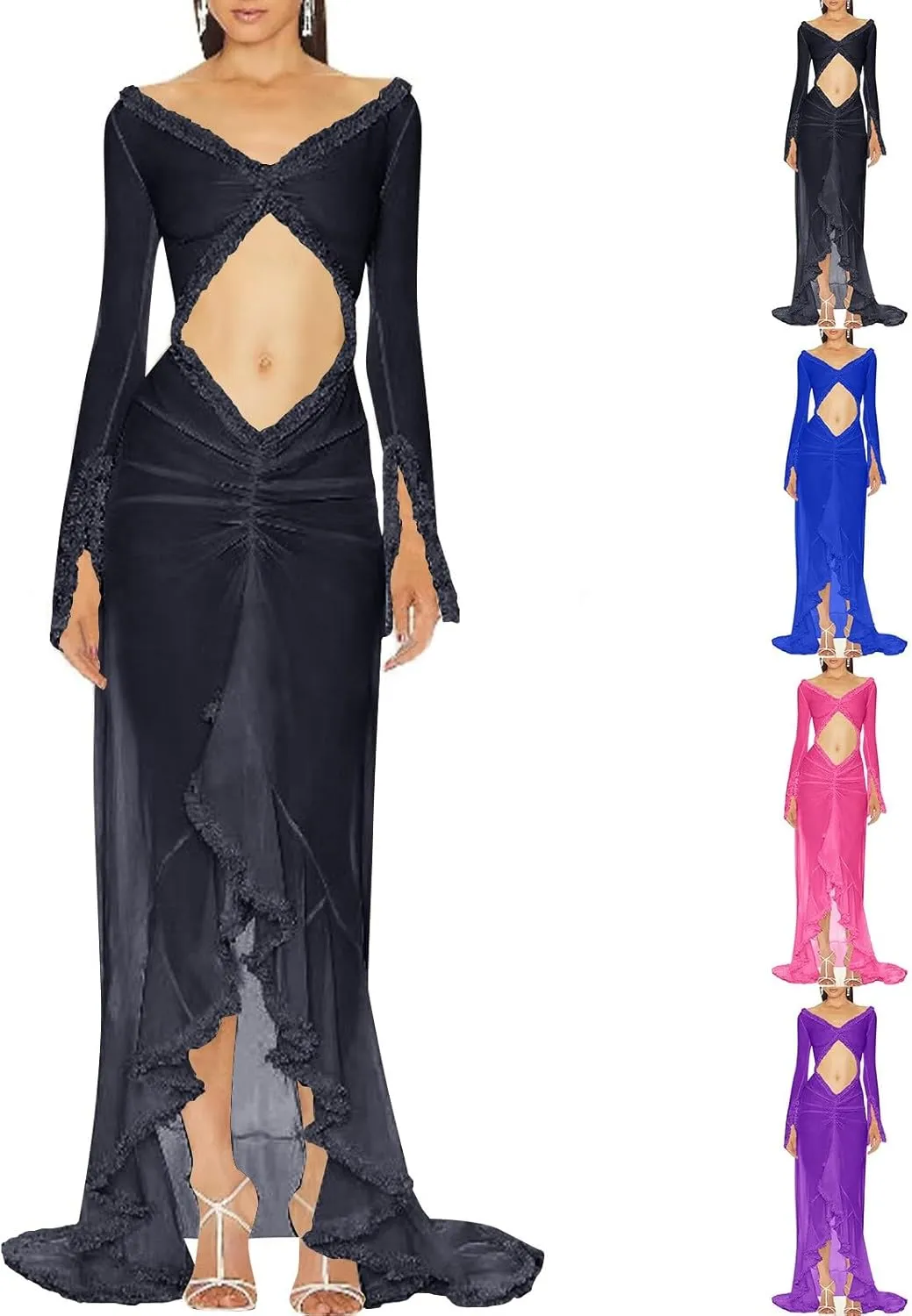 HGps8w Women's Ruffle High Low Mop Dresses Long Sleeve Cut Out Front Flowy Swing Maxi Dress Formal Wedding Party Gown