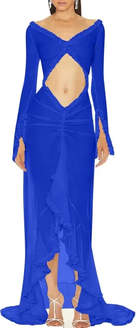 HGps8w Women's Ruffle High Low Mop Dresses Long Sleeve Cut Out Front Flowy Swing Maxi Dress Formal Wedding Party Gown