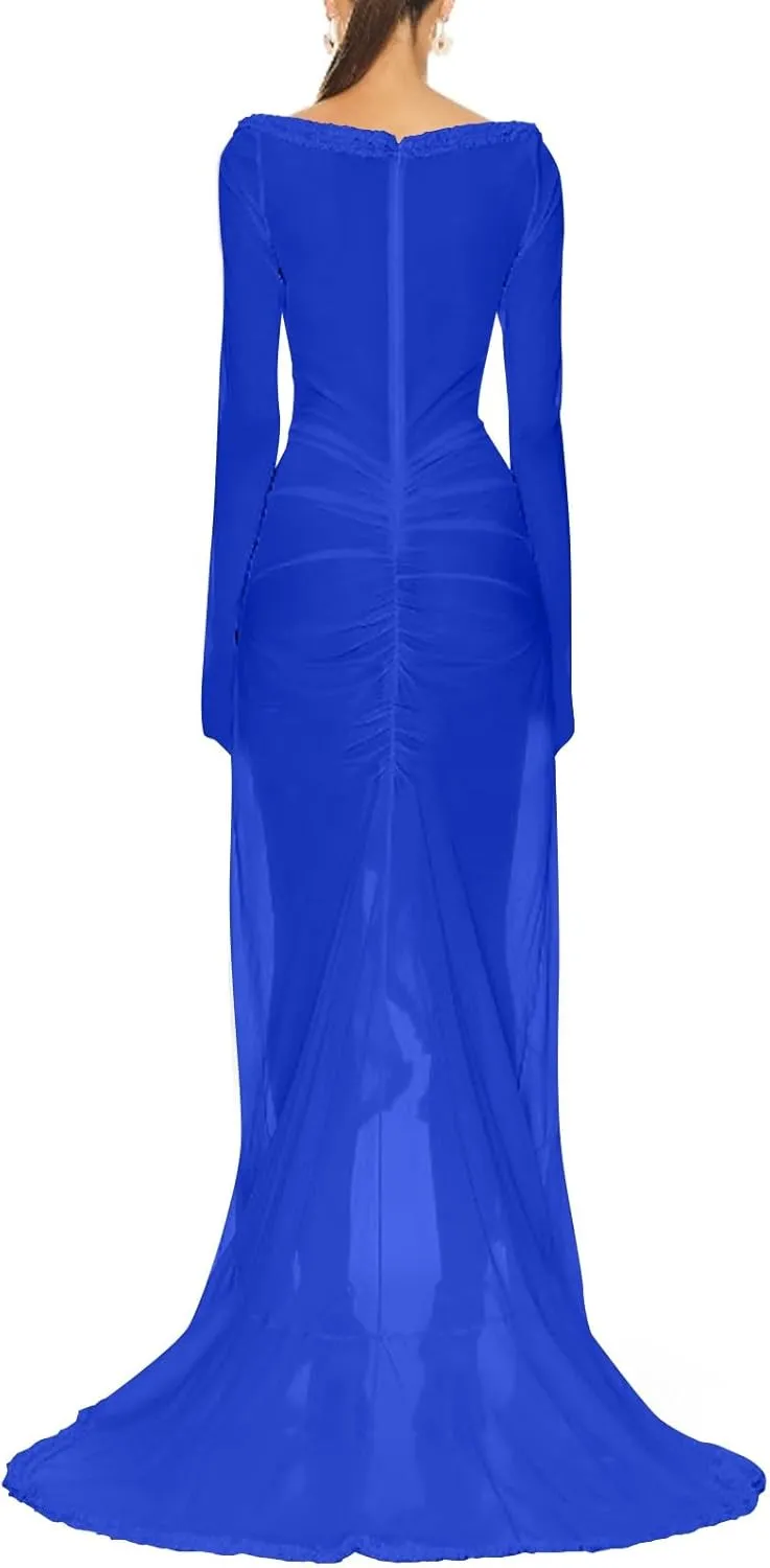 HGps8w Women's Ruffle High Low Mop Dresses Long Sleeve Cut Out Front Flowy Swing Maxi Dress Formal Wedding Party Gown