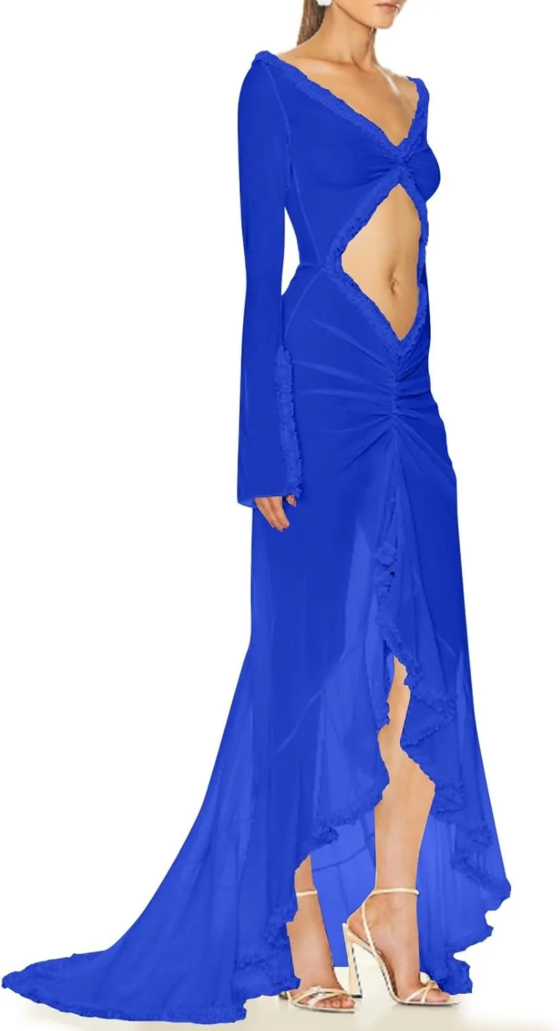 HGps8w Women's Ruffle High Low Mop Dresses Long Sleeve Cut Out Front Flowy Swing Maxi Dress Formal Wedding Party Gown