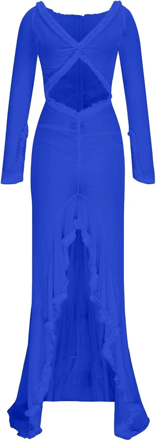 HGps8w Women's Ruffle High Low Mop Dresses Long Sleeve Cut Out Front Flowy Swing Maxi Dress Formal Wedding Party Gown