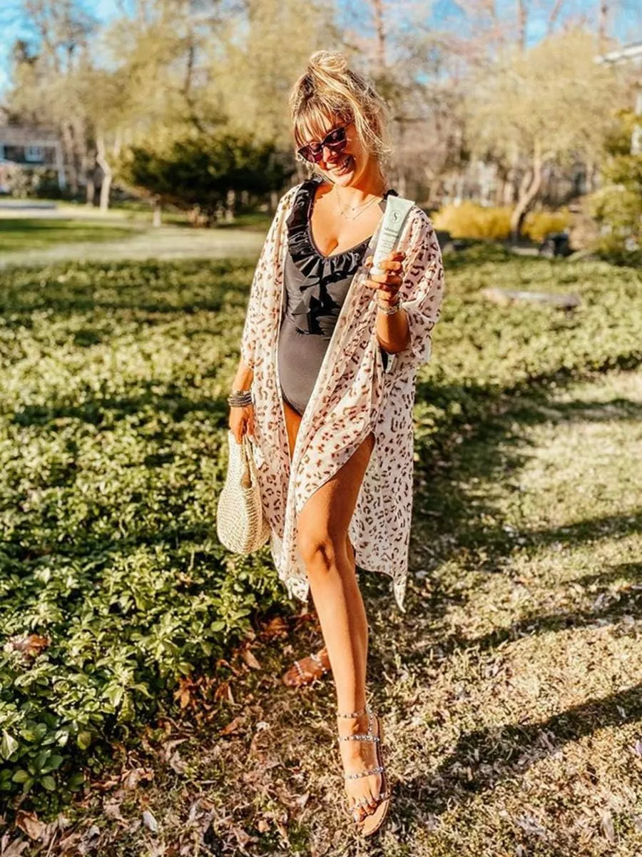 Hibluco Women's Summer Chiffon Floral Kimono Cardigan Long Swimwear Cover Ups