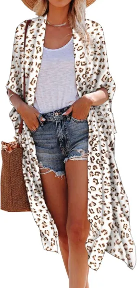 Hibluco Women's Summer Chiffon Floral Kimono Cardigan Long Swimwear Cover Ups
