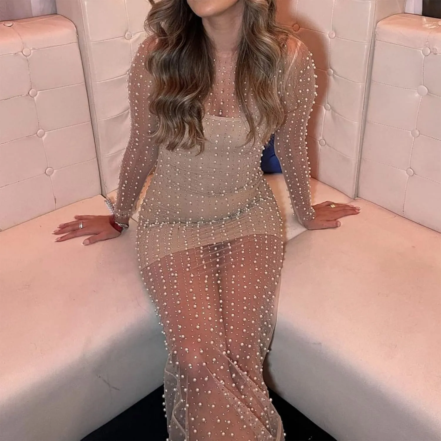 JUMISEE Women's Sexy Sheer Mesh Pearl Rhinestone Cover Up Dress Elegant Side Slit Long Sleeve Maxi Dress Beach Coverups