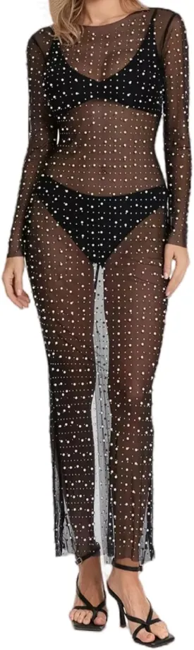 JUMISEE Women's Sexy Sheer Mesh Pearl Rhinestone Cover Up Dress Elegant Side Slit Long Sleeve Maxi Dress Beach Coverups