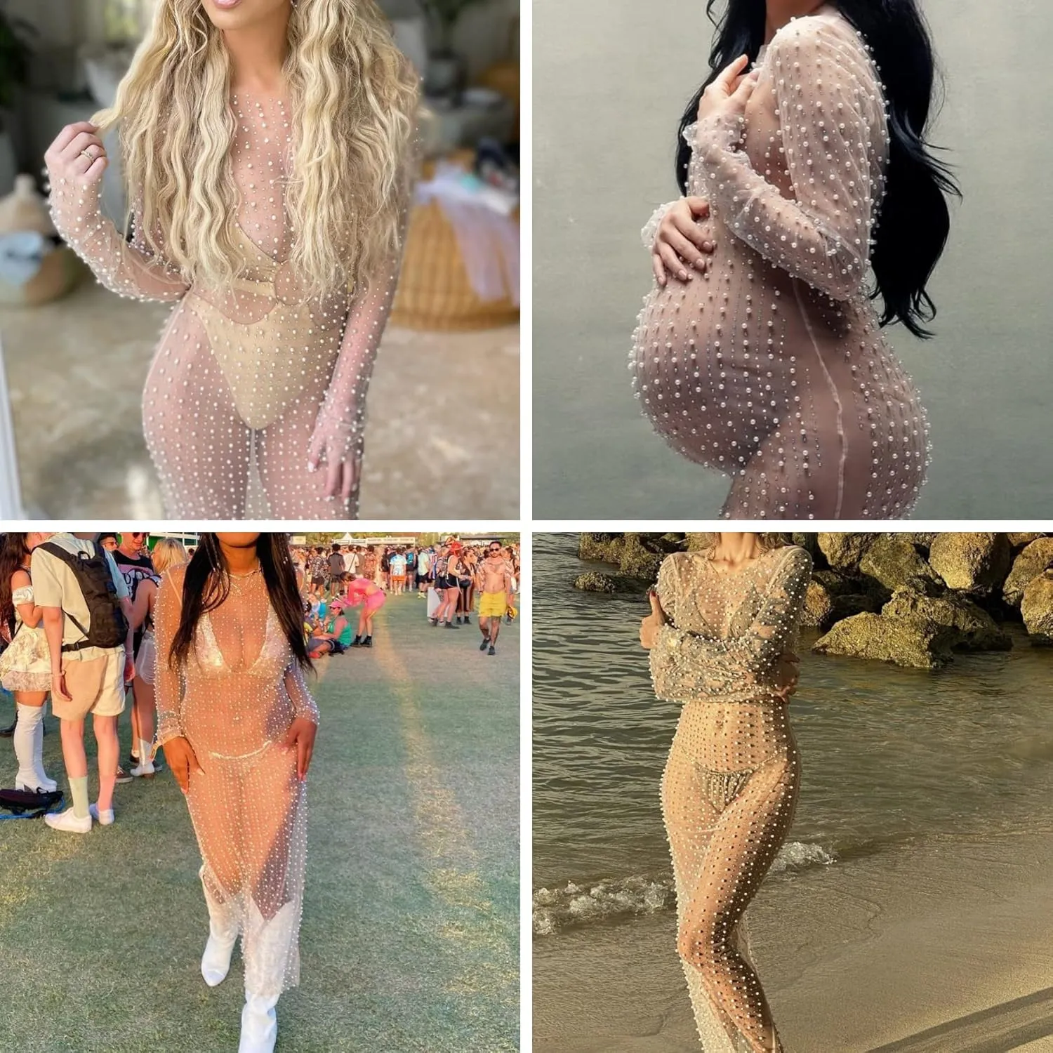 JUMISEE Women's Sexy Sheer Mesh Pearl Rhinestone Cover Up Dress Elegant Side Slit Long Sleeve Maxi Dress Beach Coverups