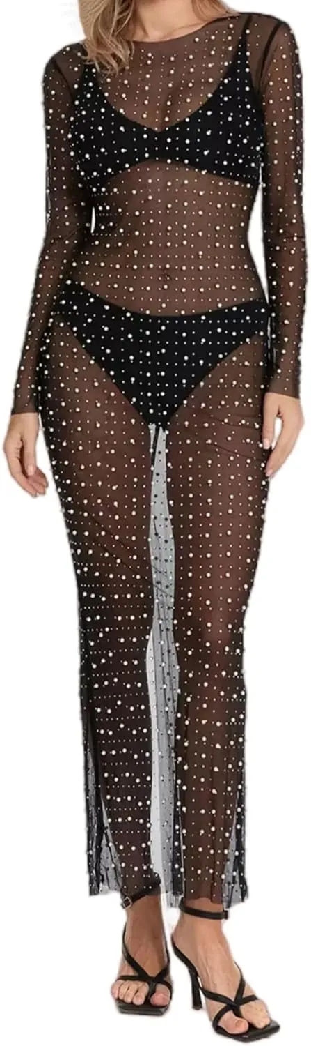 JUMISEE Women's Sexy Sheer Mesh Pearl Rhinestone Cover Up Dress Elegant Side Slit Long Sleeve Maxi Dress Beach Coverups