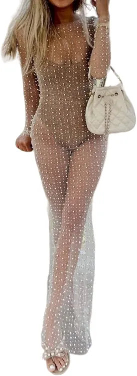 JUMISEE Women's Sexy Sheer Mesh Pearl Rhinestone Cover Up Dress Elegant Side Slit Long Sleeve Maxi Dress Beach Coverups