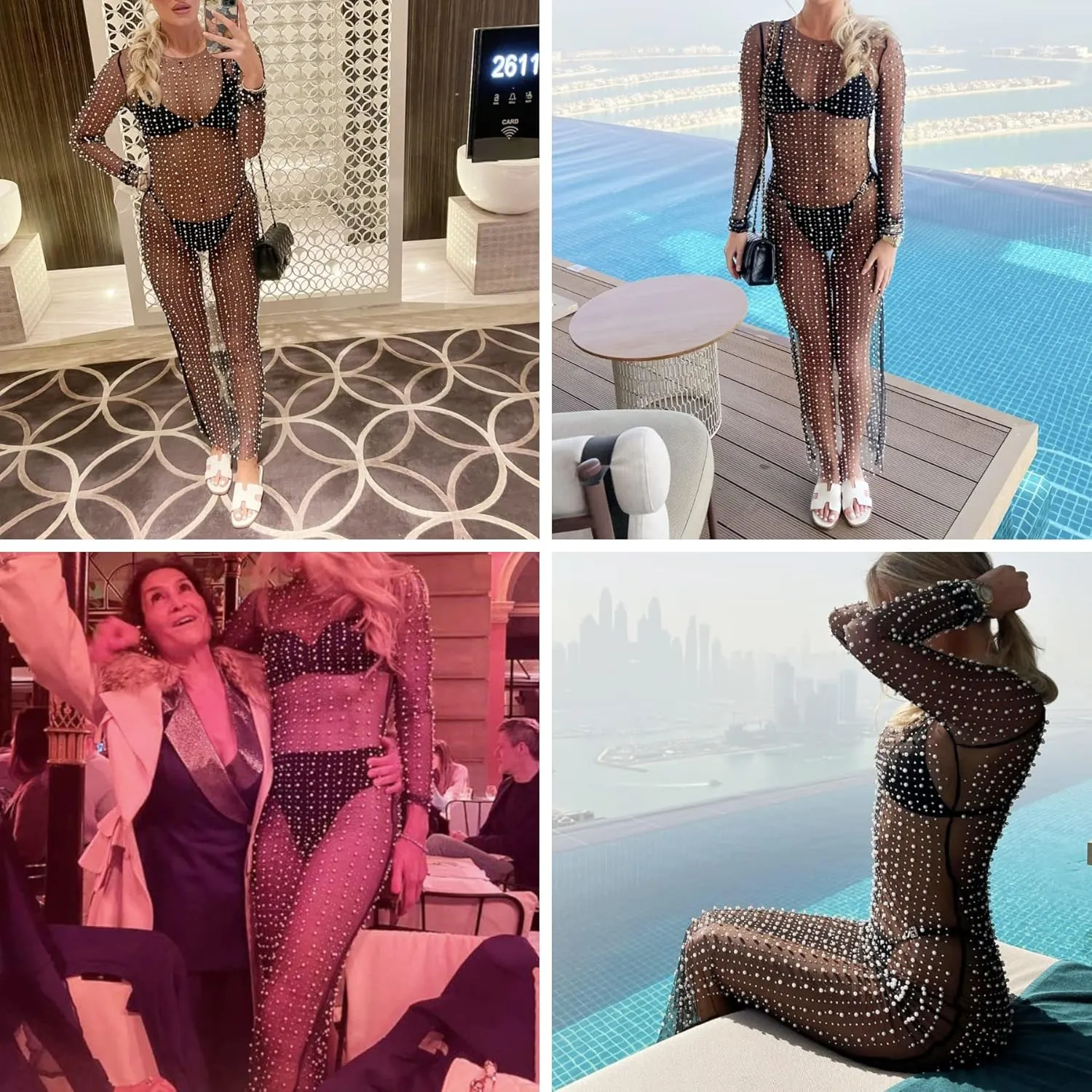 JUMISEE Women's Sexy Sheer Mesh Pearl Rhinestone Cover Up Dress Elegant Side Slit Long Sleeve Maxi Dress Beach Coverups
