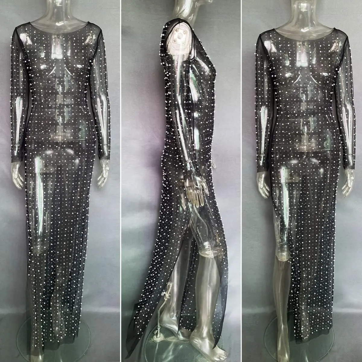 JUMISEE Women's Sexy Sheer Mesh Pearl Rhinestone Cover Up Dress Elegant Side Slit Long Sleeve Maxi Dress Beach Coverups