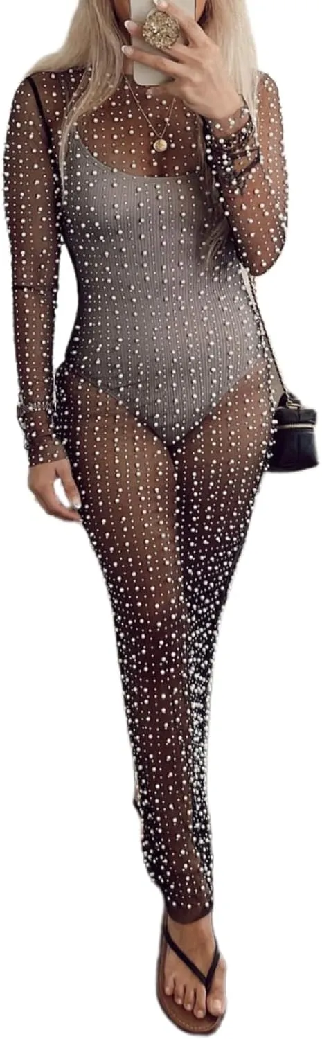 JUMISEE Women's Sexy Sheer Mesh Pearl Rhinestone Cover Up Dress Elegant Side Slit Long Sleeve Maxi Dress Beach Coverups
