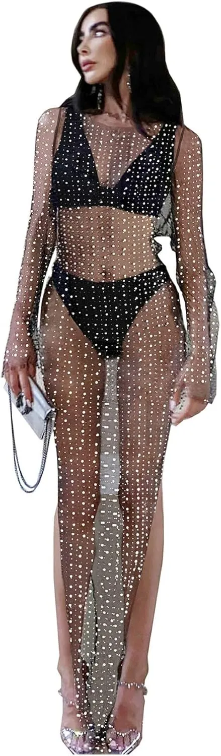 JUMISEE Women's Sexy Sheer Mesh Pearl Rhinestone Cover Up Dress Elegant Side Slit Long Sleeve Maxi Dress Beach Coverups