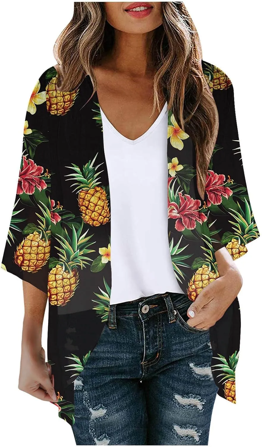 Kimono Cardigans for Women Floral Print Hawaiian Beach Cover Up Puff Sleeve Chiffon Blouse Cruise Outfits Summer Tops