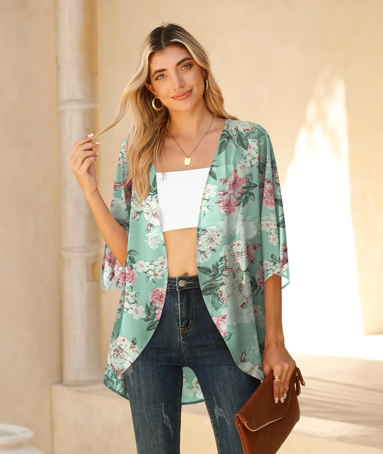 LILBETTER Women Lightweight Chiffon Cardigan Puff Sleeve Loose Beach Wear Cover Up Blouse Top