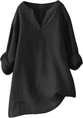 Oversized Crew Neck Linen Tops for Women Sleeve Collar Long Casual Women Shirt Women's Blouse Women's Swimwear Cover
