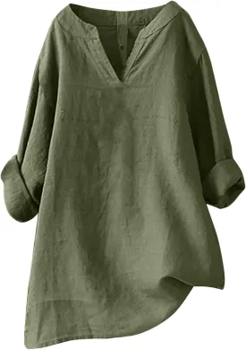 Oversized Crew Neck Linen Tops for Women Sleeve Collar Long Casual Women Shirt Women's Blouse Women's Swimwear Cover