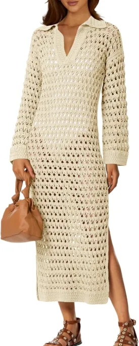 Saodimallsu Womens Crochet Swimsuit Cover Up V Neck Collared Long Sleeve Mesh Knit Long Beach Coverup Maxi Dress