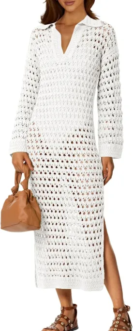 Saodimallsu Womens Crochet Swimsuit Cover Up V Neck Collared Long Sleeve Mesh Knit Long Beach Coverup Maxi Dress