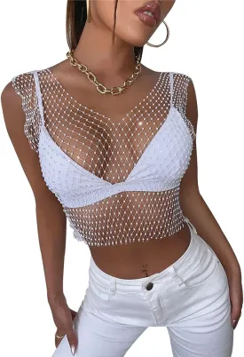 Sexy Mesh Tank Tops Diamond Hollow Out See Through Sleeveless Beach Cover Up Sheer Crop Top Shirts for Women
