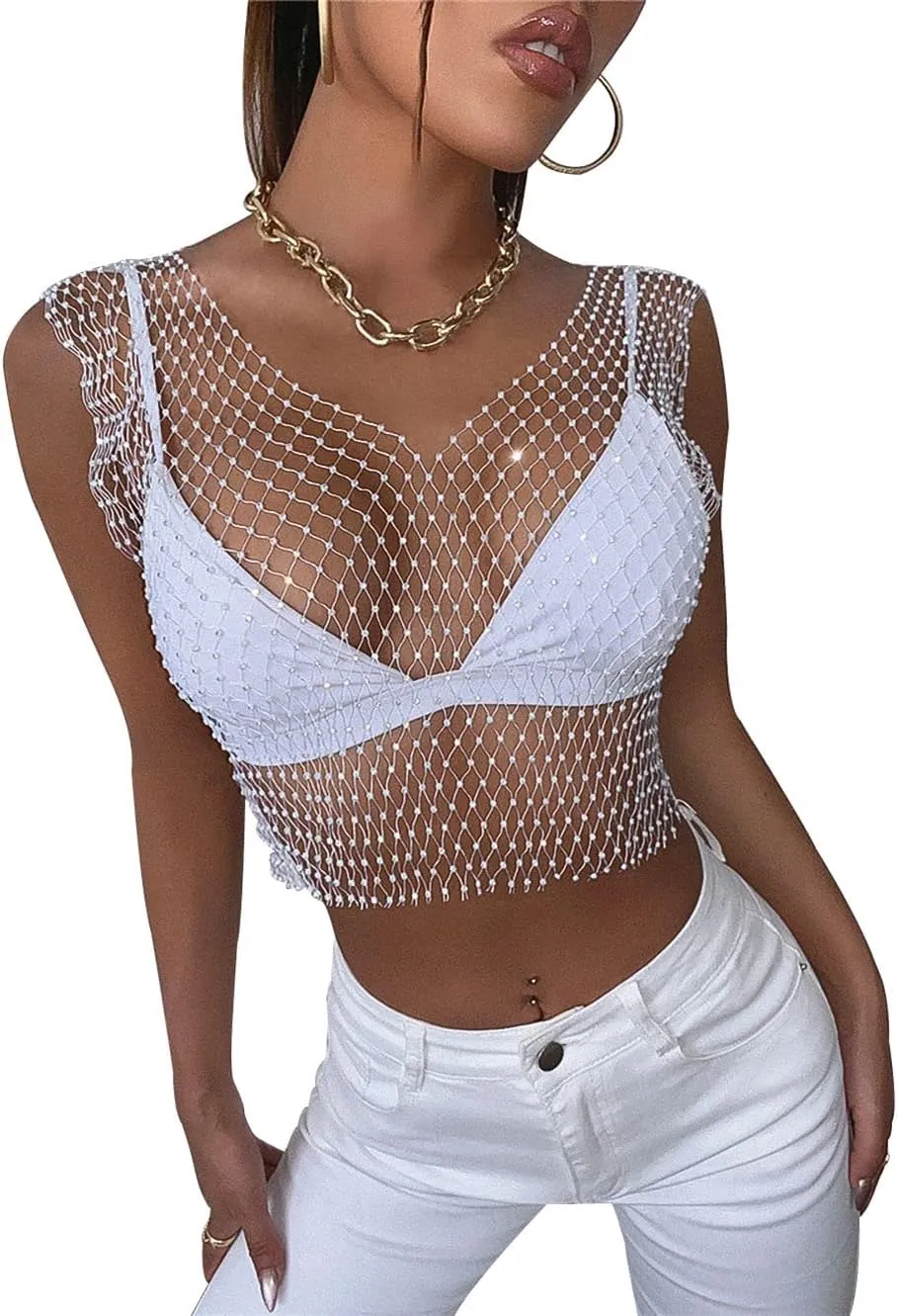 Sexy Mesh Tank Tops Diamond Hollow Out See Through Sleeveless Beach Cover Up Sheer Crop Top Shirts for Women