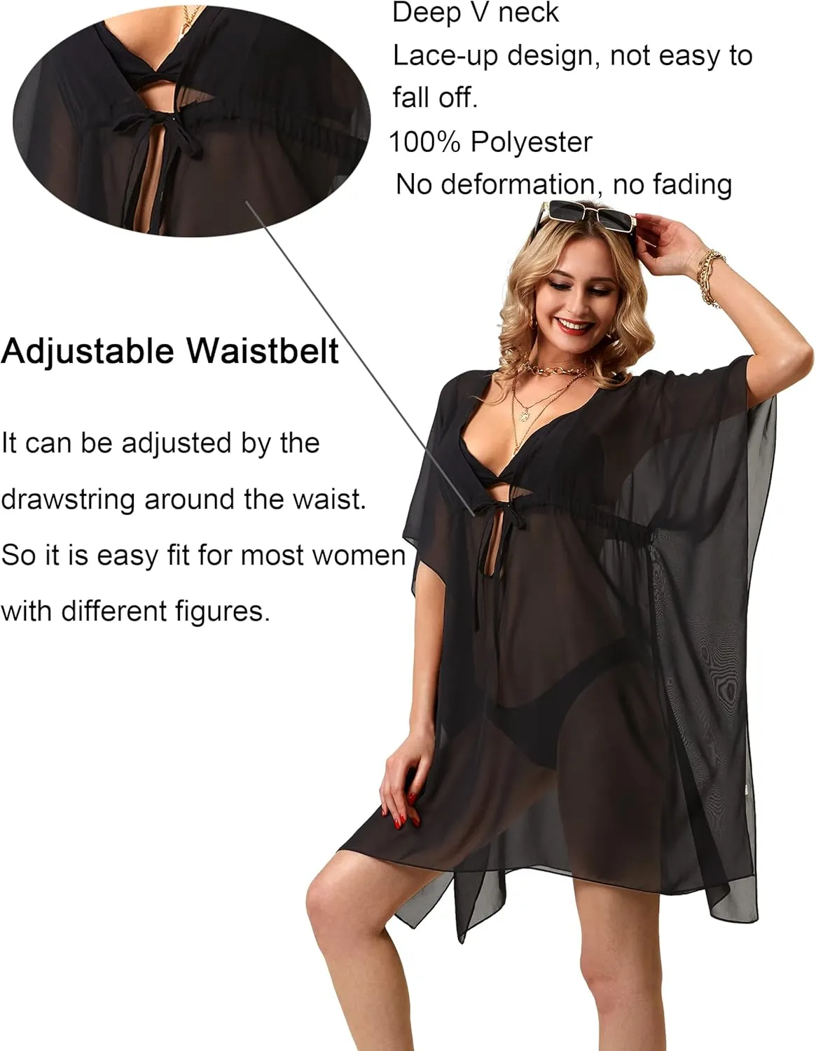 Soul Young Cover Ups for Swimwear Women V Neck Beach Chiffon Swimsuit Coverup Oversized