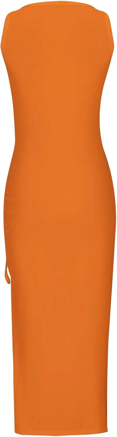 Summer Dresses for Women 2024 Sleeveless Square Neck Drawstring Side Slit Knitted Ribbed Bodycon Sexy Casual Sundress
