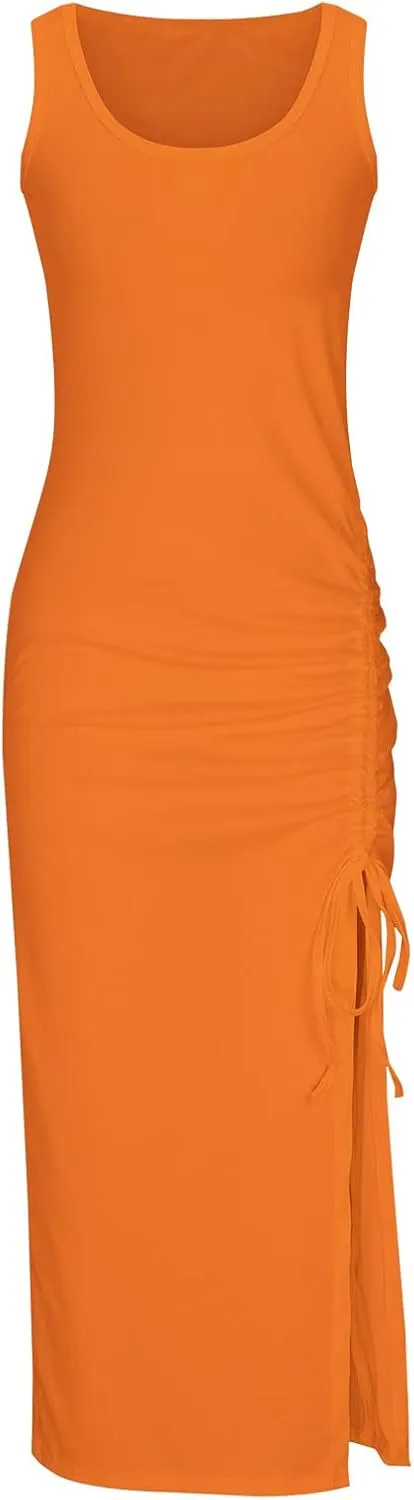 Summer Dresses for Women 2024 Sleeveless Square Neck Drawstring Side Slit Knitted Ribbed Bodycon Sexy Casual Sundress