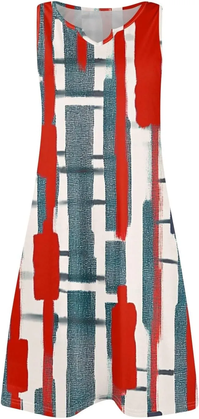 Summer Dresses for Women V-Neck Sundresses Sleeveless Loose Sleep Dress Beach Tank Dress Floral Casual T Shirt Dresses