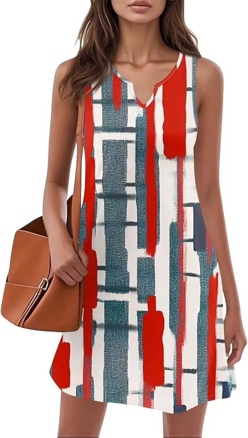 Summer Dresses for Women V-Neck Sundresses Sleeveless Loose Sleep Dress Beach Tank Dress Floral Casual T Shirt Dresses