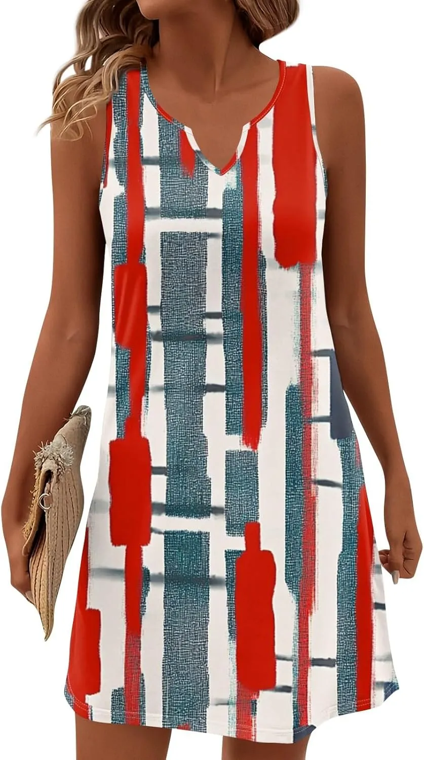 Summer Dresses for Women V-Neck Sundresses Sleeveless Loose Sleep Dress Beach Tank Dress Floral Casual T Shirt Dresses