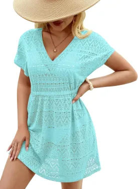 Summer Women's Crochet V Neck Elastic Waist Bathing Suit Coverup Sexy Hollow Out Short Sleeve Beach Dress