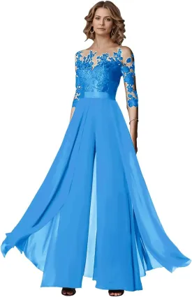 Two Piece Mother of The Bride Wedding Pant Suits with 3/4 Long Sleeves Elegant Formal Jumpsuits Set for Women