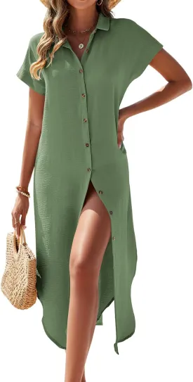 Uvog Womens Casual Short Sleeve Button Down Dress Maxi Long Kimonos Cardigans Split Swimsuit Beach Cover Ups