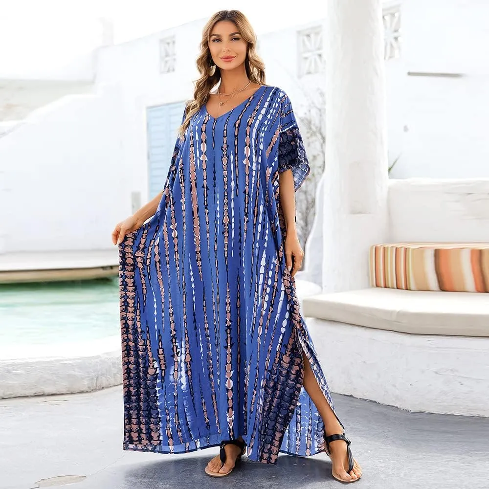 Women Kaftan Dress Coverups Swimwear Plus Size Floral Holiday Casual Dress Loose Fit One Size