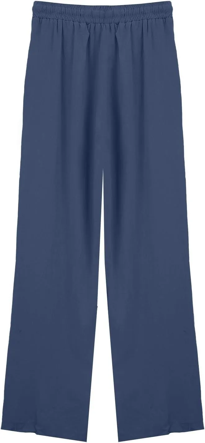 Women Linen Pants 2025 Summer Wide Leg Drawstring High Waisted Palazzo Pants Prints Flowy Beach Trousers with Pockets