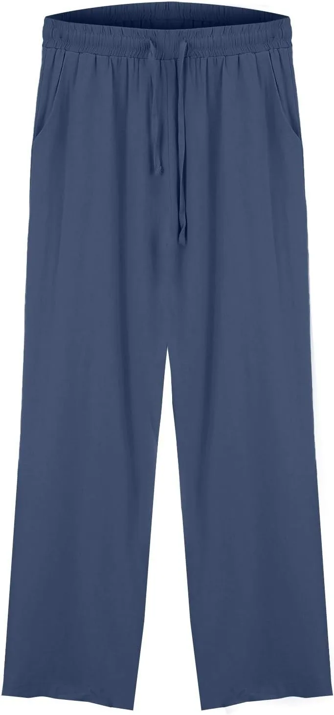 Women Linen Pants 2025 Summer Wide Leg Drawstring High Waisted Palazzo Pants Prints Flowy Beach Trousers with Pockets