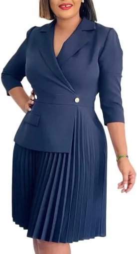 Women's Blazer Dress Office Midi Length Pleated Dresses Casual Office Work Dress